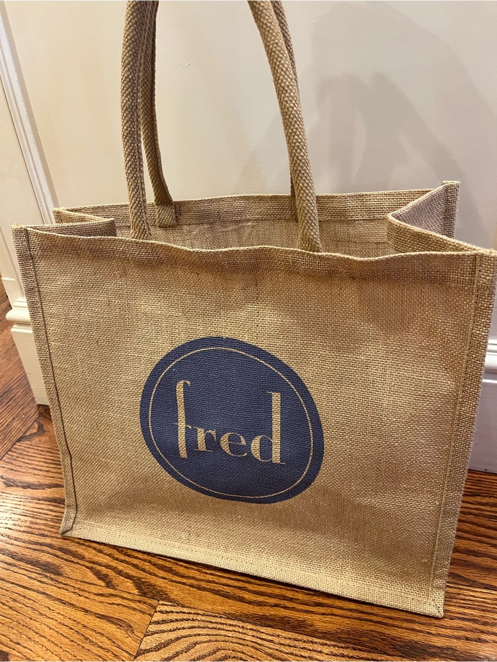 Natural Jute Shopper/Tote in Beige and Navy “Fred” logo